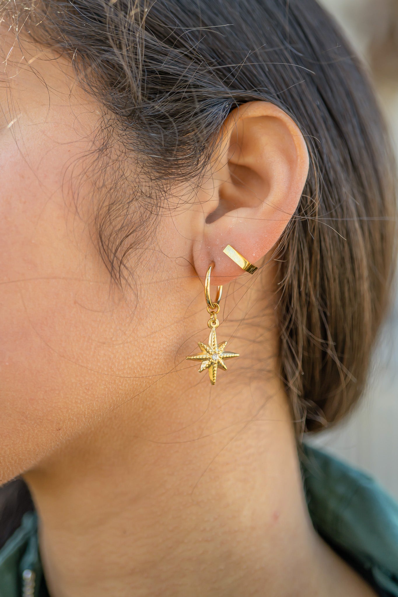 18K Gold PVD Huggie with Compass Charm with CZ Stone Earrings