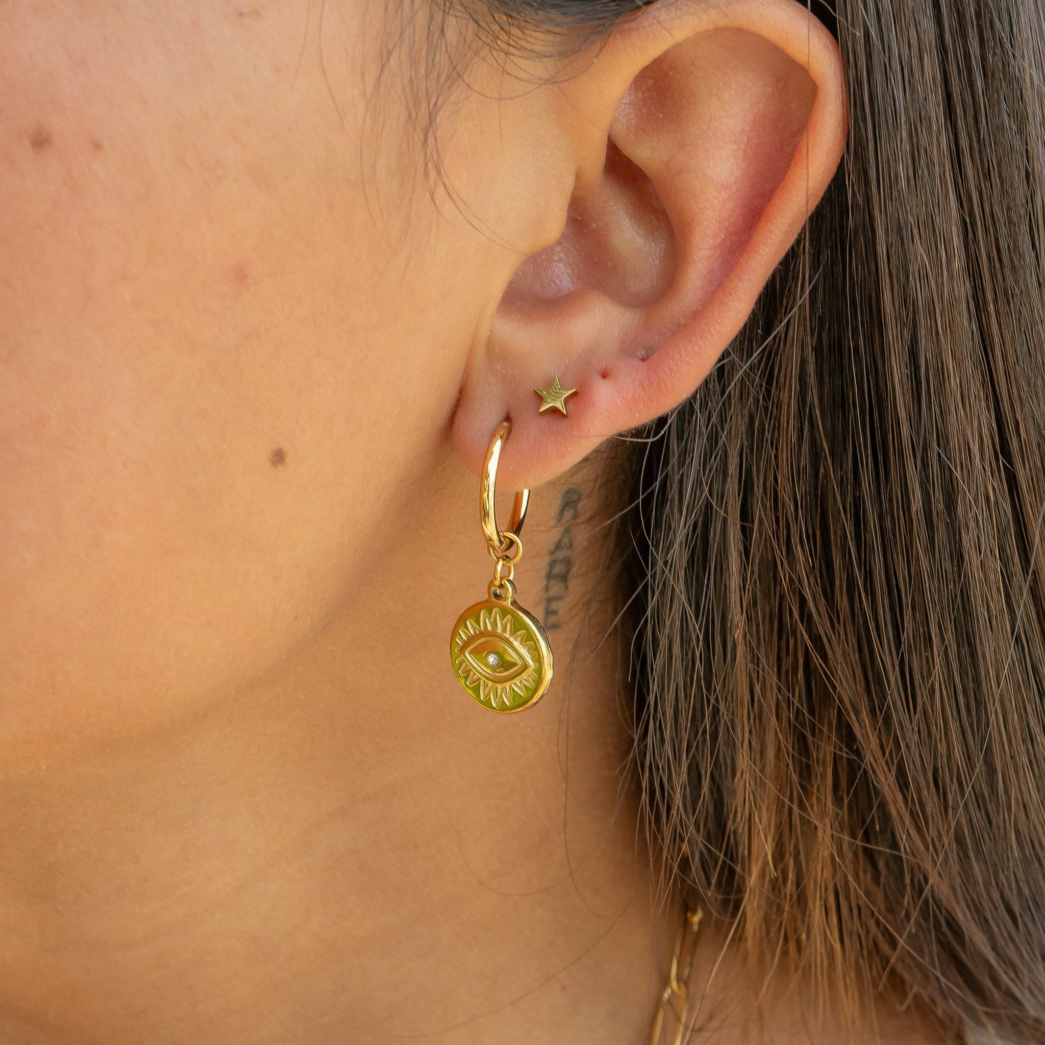 18K Gold PVD Stainless Steel Evil Eye Huggie Charm Earrings