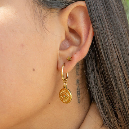 18K Gold PVD Stainless Steel Evil Eye Huggie Charm Earrings