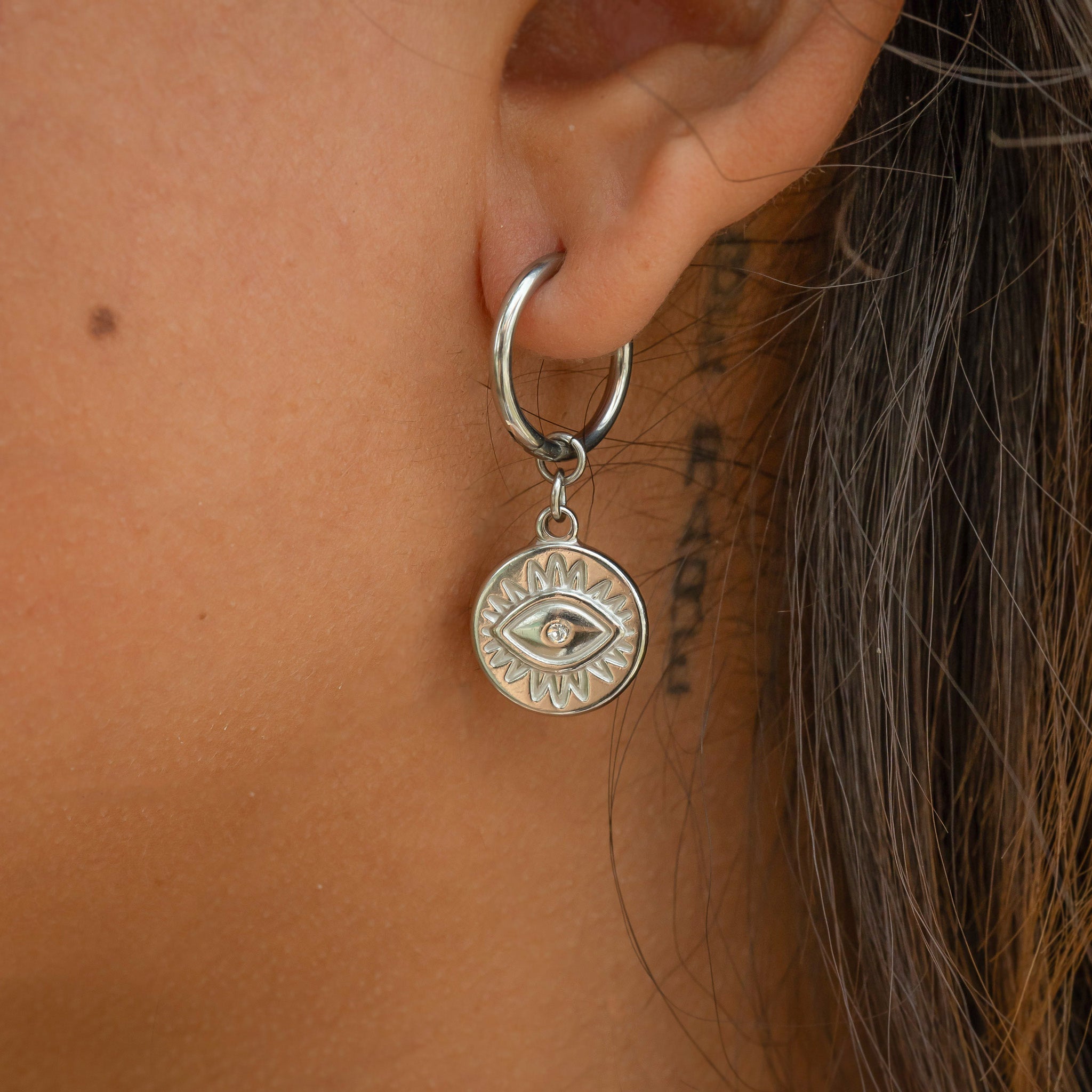 18K Gold PVD Stainless Steel Evil Eye Huggie Charm Earrings