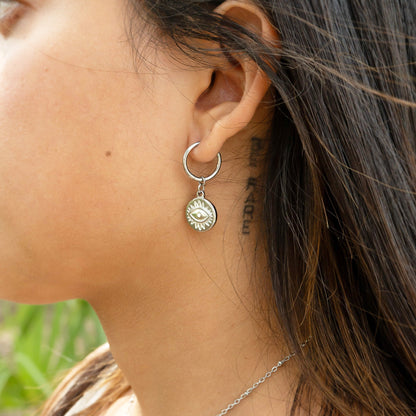18K Gold PVD Stainless Steel Evil Eye Huggie Charm Earrings