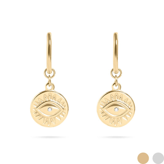 18K Gold PVD Stainless Steel Evil Eye Huggie Charm Earrings