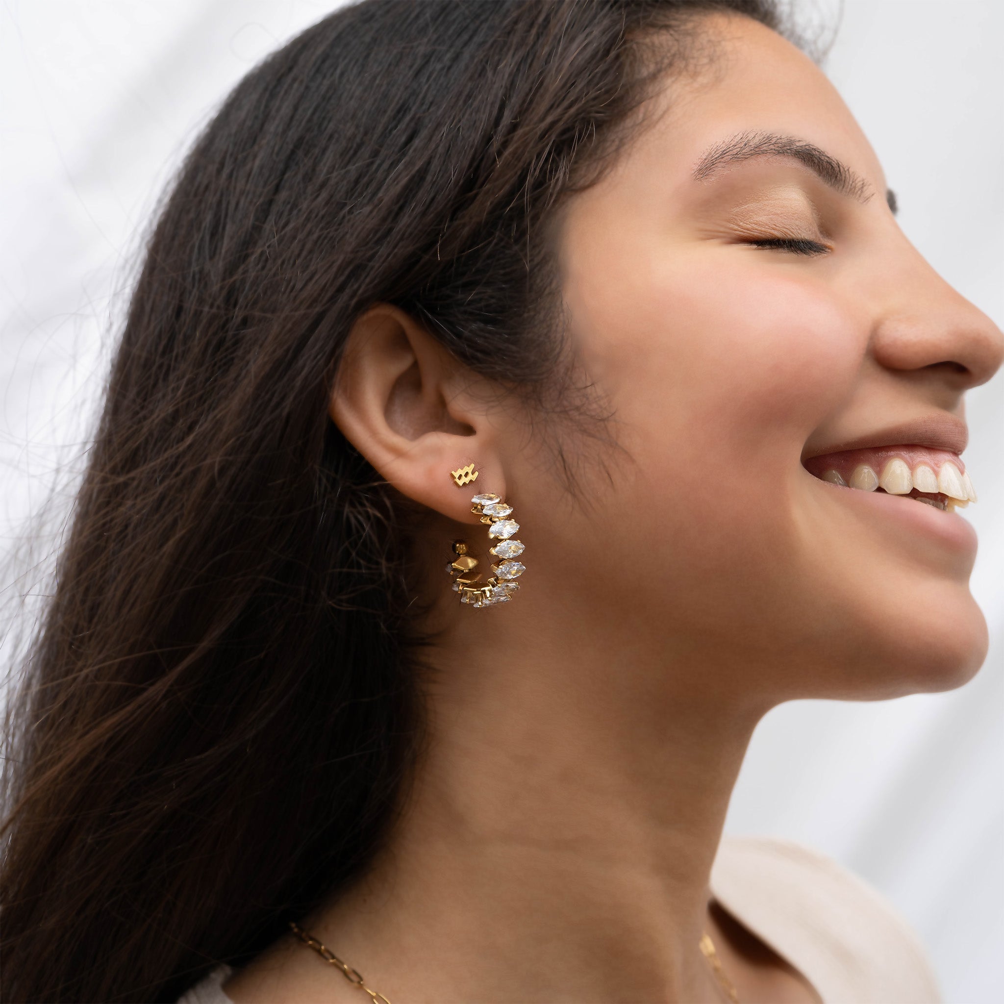 18K Gold PVD Stainless Steel Marquis CZ Stone Hoop Earrings