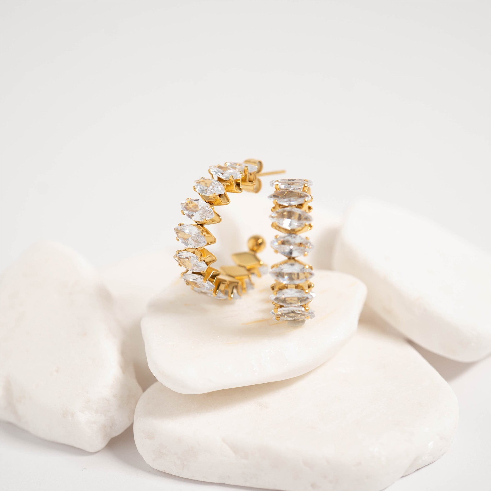 18K Gold PVD Stainless Steel Marquis CZ Stone Hoop Earrings