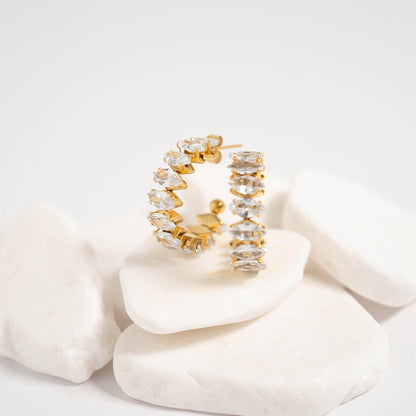 18K Gold PVD Stainless Steel Marquis CZ Stone Hoop Earrings