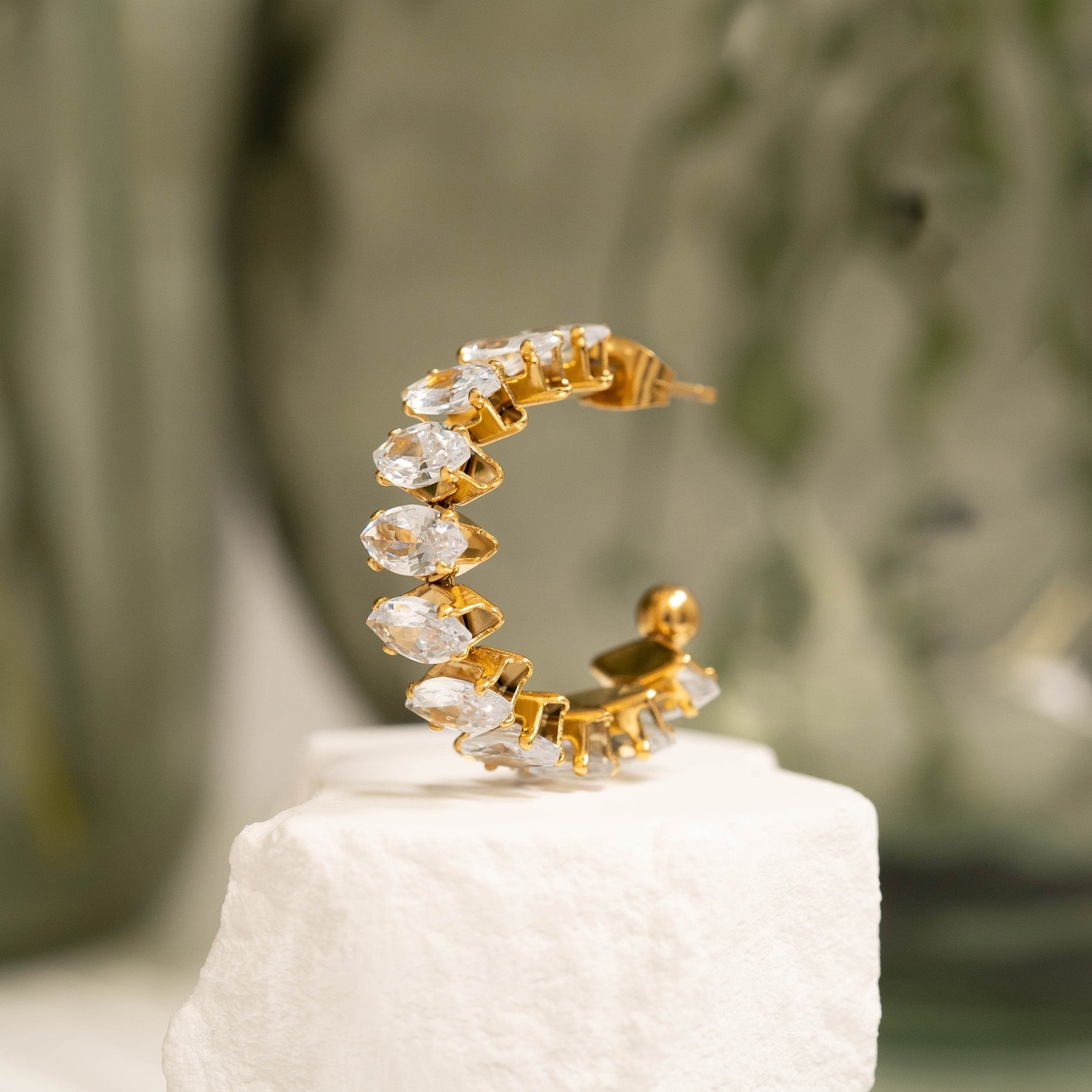 18K Gold PVD Stainless Steel Marquis CZ Stone Hoop Earrings