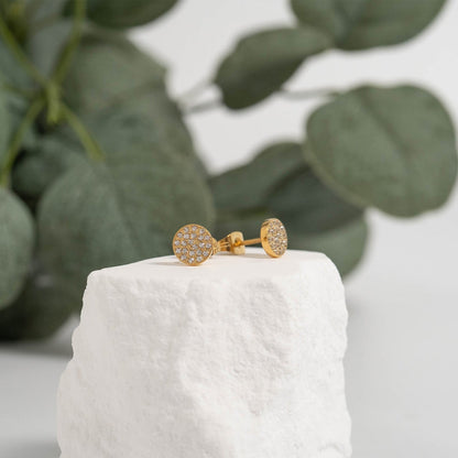18K Gold PVD Stainless Steel Round Stud Pave Stones Earrings