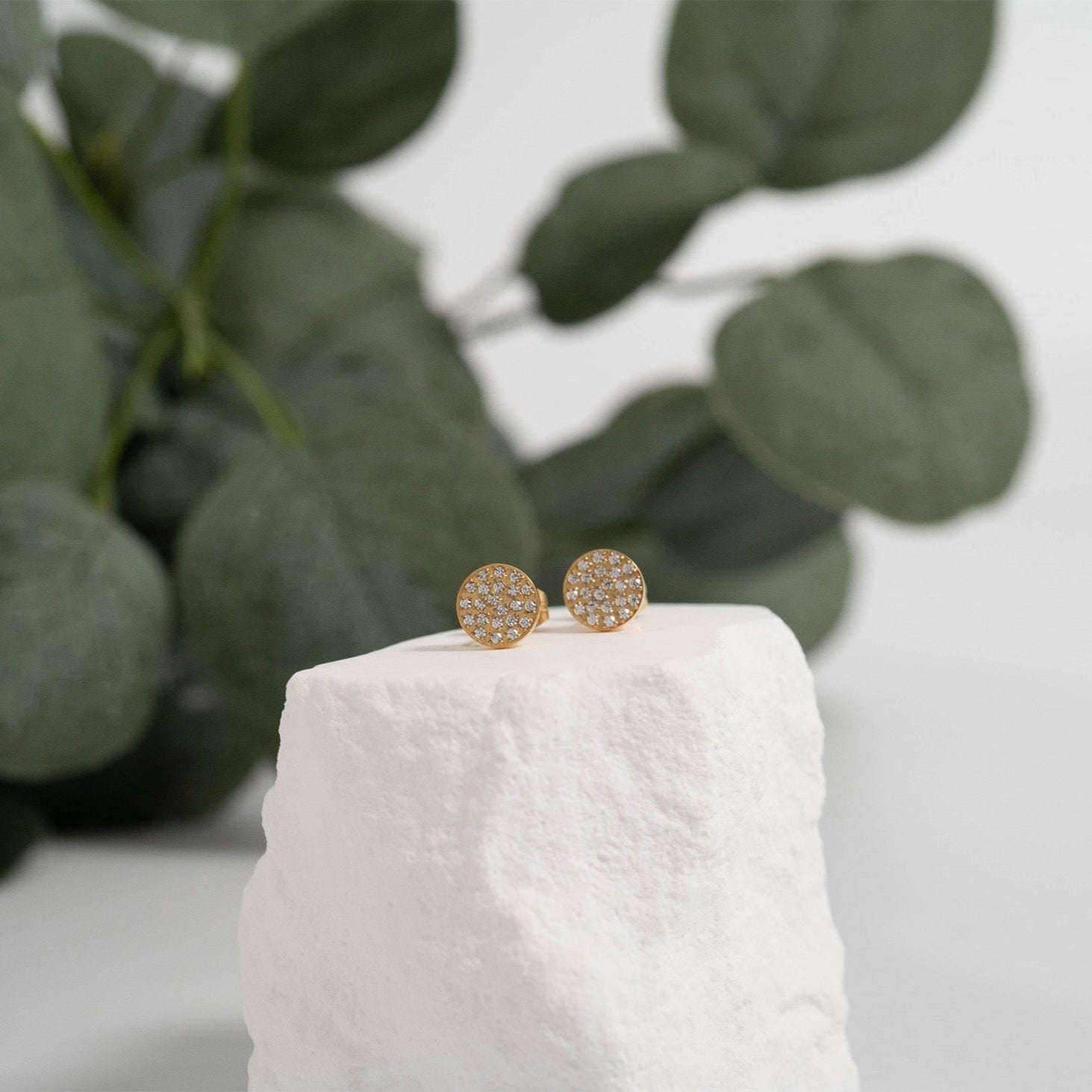 18K Gold PVD Stainless Steel Round Stud Pave Stones Earrings