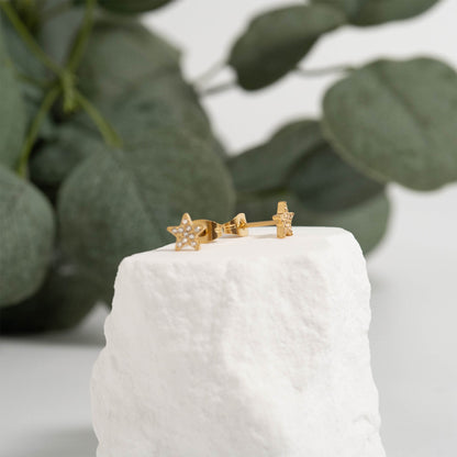 18K Gold PVD Stainless Steel Star Stud Pave Stone Earrings
