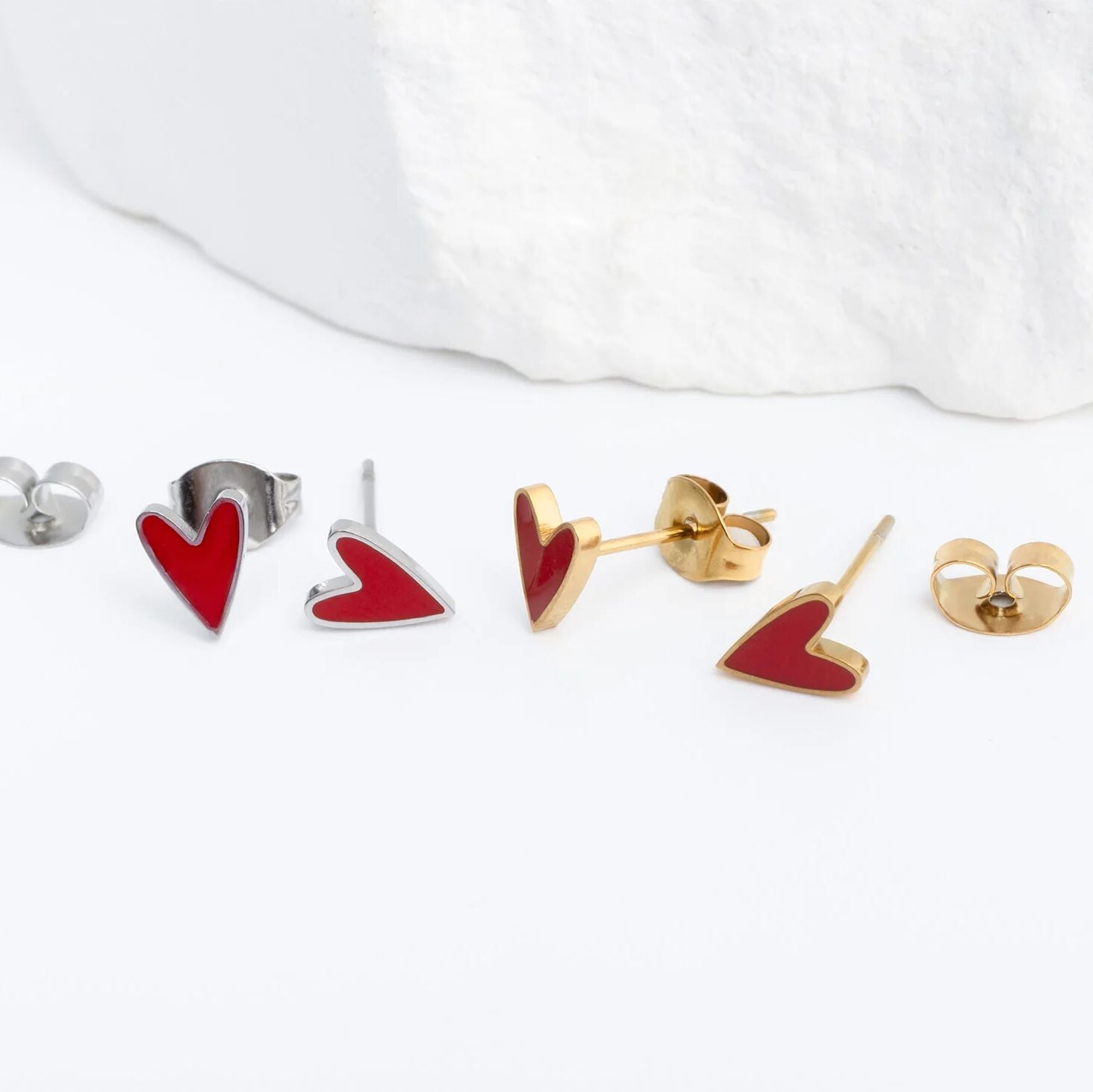 18K Gold PVD Stainless Steel White Enamel Heart Studs