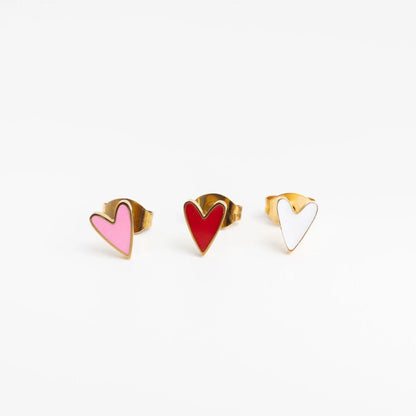 18K Gold PVD Stainless Steel White Enamel Heart Studs