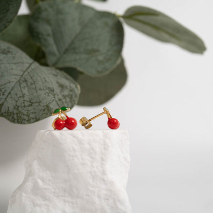 18K Gold PVD Stainless Steel Enamel Cherry Stud Earrings