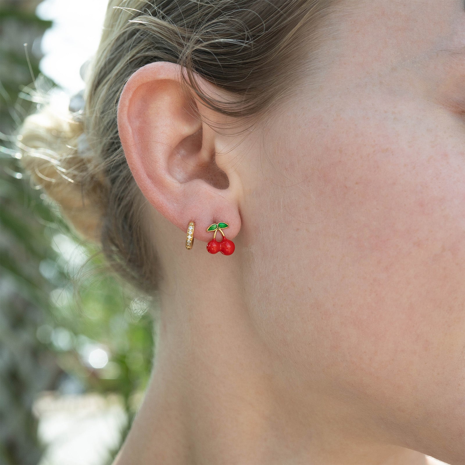 18K Gold PVD Stainless Steel Enamel Cherry Stud Earrings