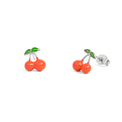 18K Gold PVD Stainless Steel Enamel Cherry Stud Earrings