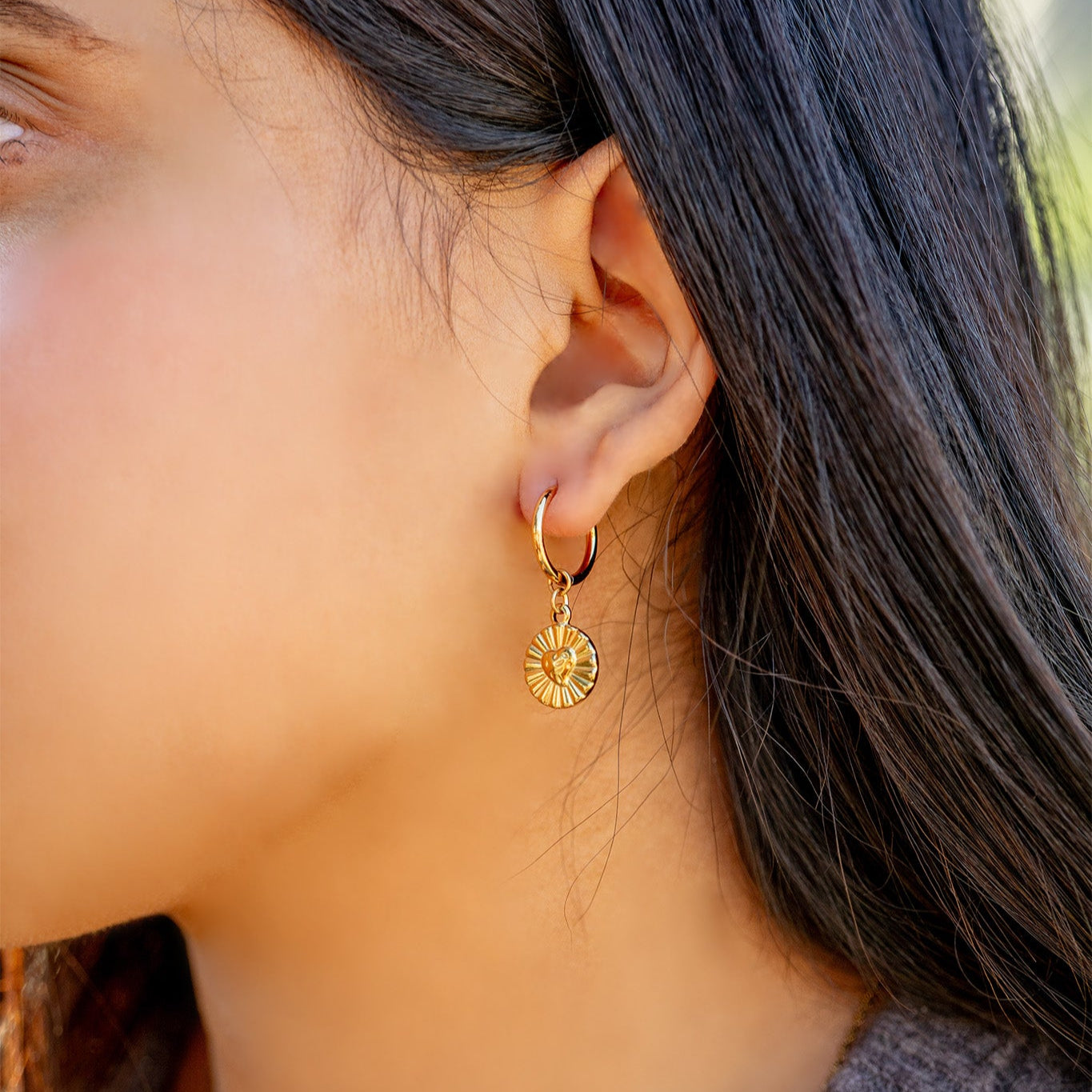 18K Gold PVD Sunburst Heart Huggie Earring