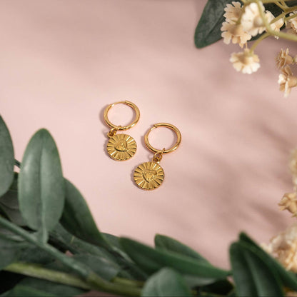 18K Gold PVD Sunburst Heart Huggie Earring