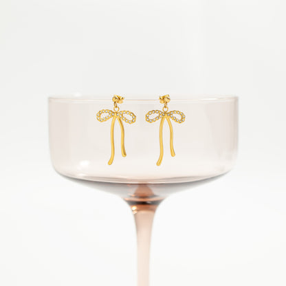 18K Gold PVD Ribbon Bow with Stones Earrings