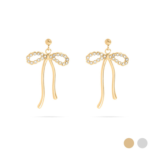 18K Gold PVD Ribbon Bow with Stones Earrings