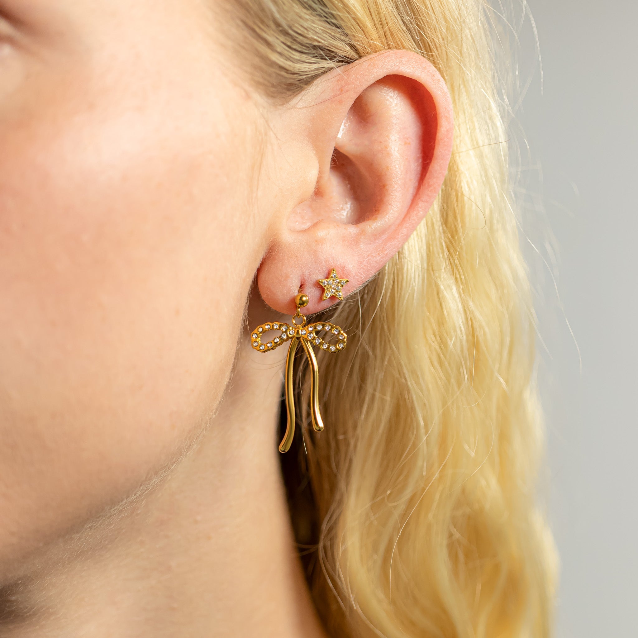 18K Gold PVD Ribbon Bow with Stones Earrings