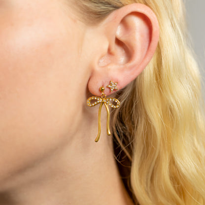 18K Gold PVD Ribbon Bow with Stones Earrings