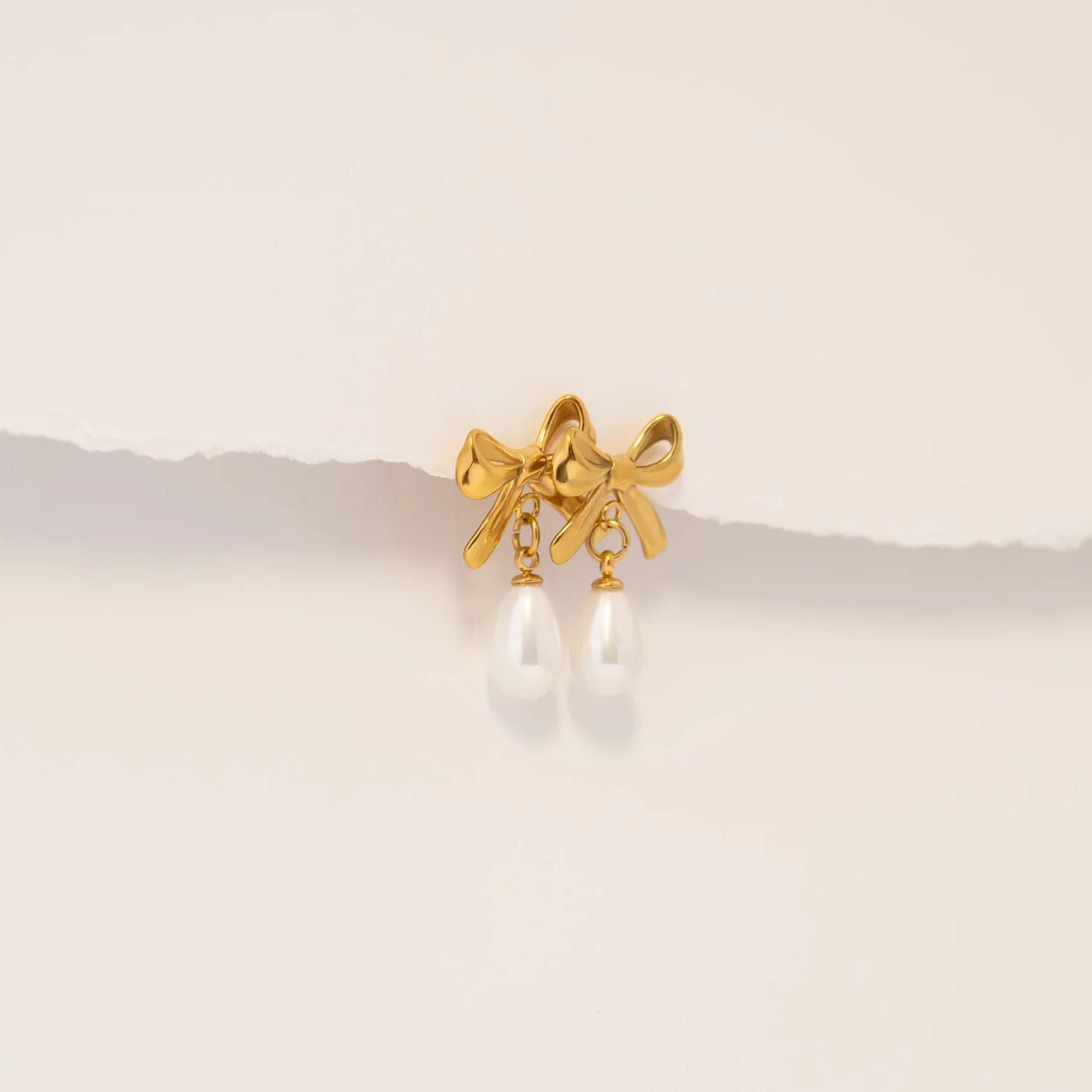 18K Gold PVD Ribbon Bow Earrings with Freshwater Pearl