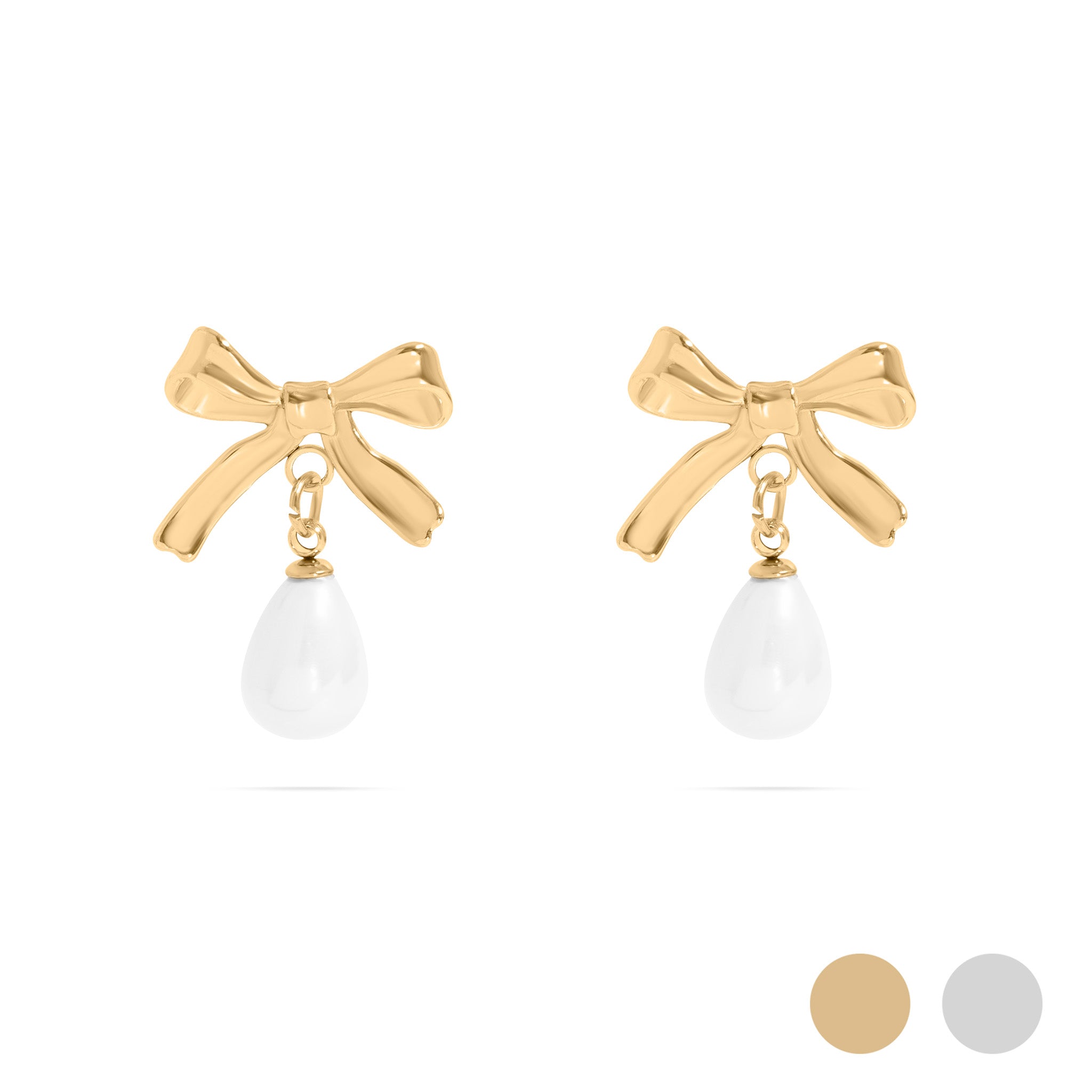 18K Gold PVD Ribbon Bow Earrings with Freshwater Pearl