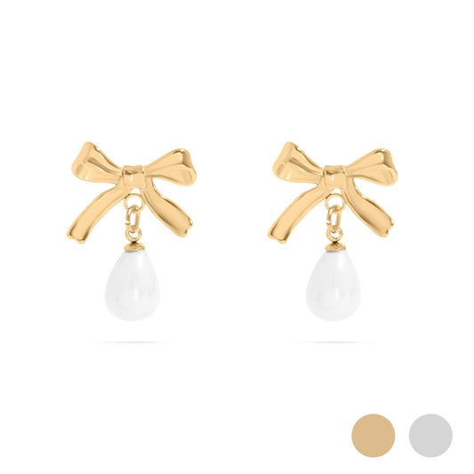 18K Gold PVD Ribbon Bow Earrings with Freshwater Pearl