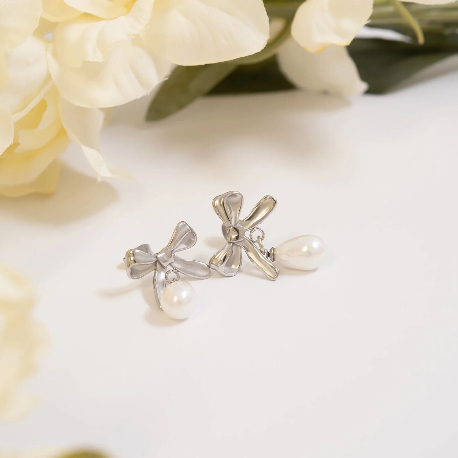 18K Gold PVD Ribbon Bow Earrings with Freshwater Pearl