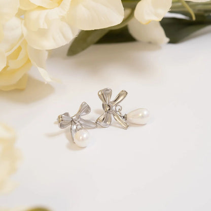 18K Gold PVD Ribbon Bow Earrings with Freshwater Pearl