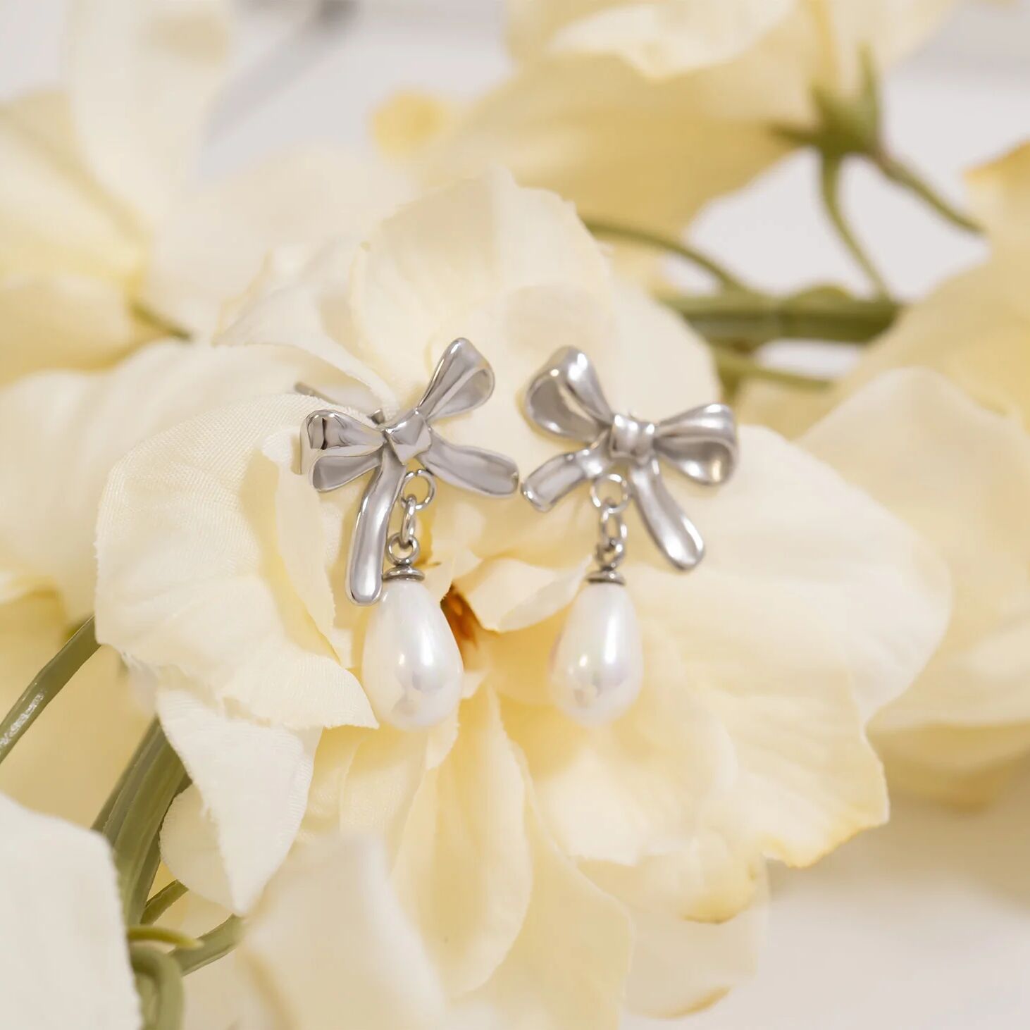 18K Gold PVD Ribbon Bow Earrings with Freshwater Pearl