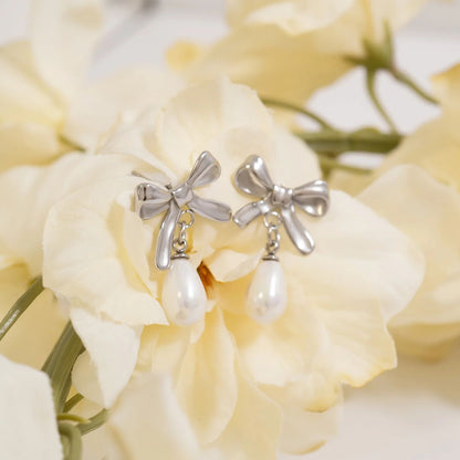 18K Gold PVD Ribbon Bow Earrings with Freshwater Pearl