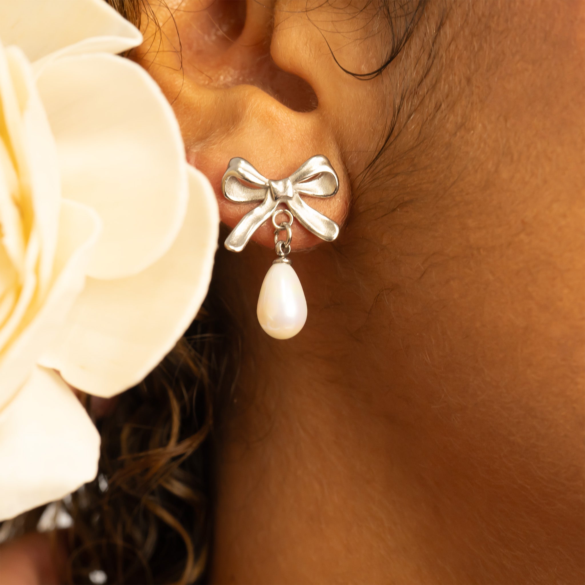 18K Gold PVD Ribbon Bow Earrings with Freshwater Pearl