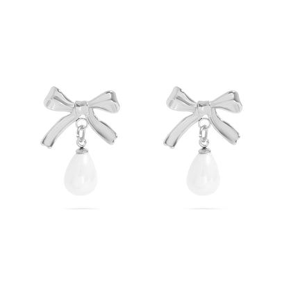 18K Gold PVD Ribbon Bow Earrings with Freshwater Pearl