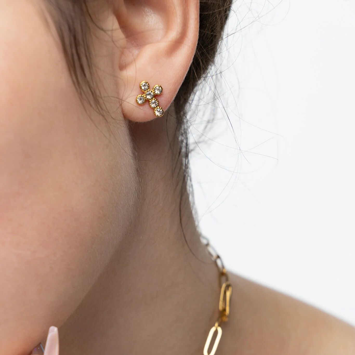 18K Gold PVD Stainless Steel Round Stone Cross Earrings