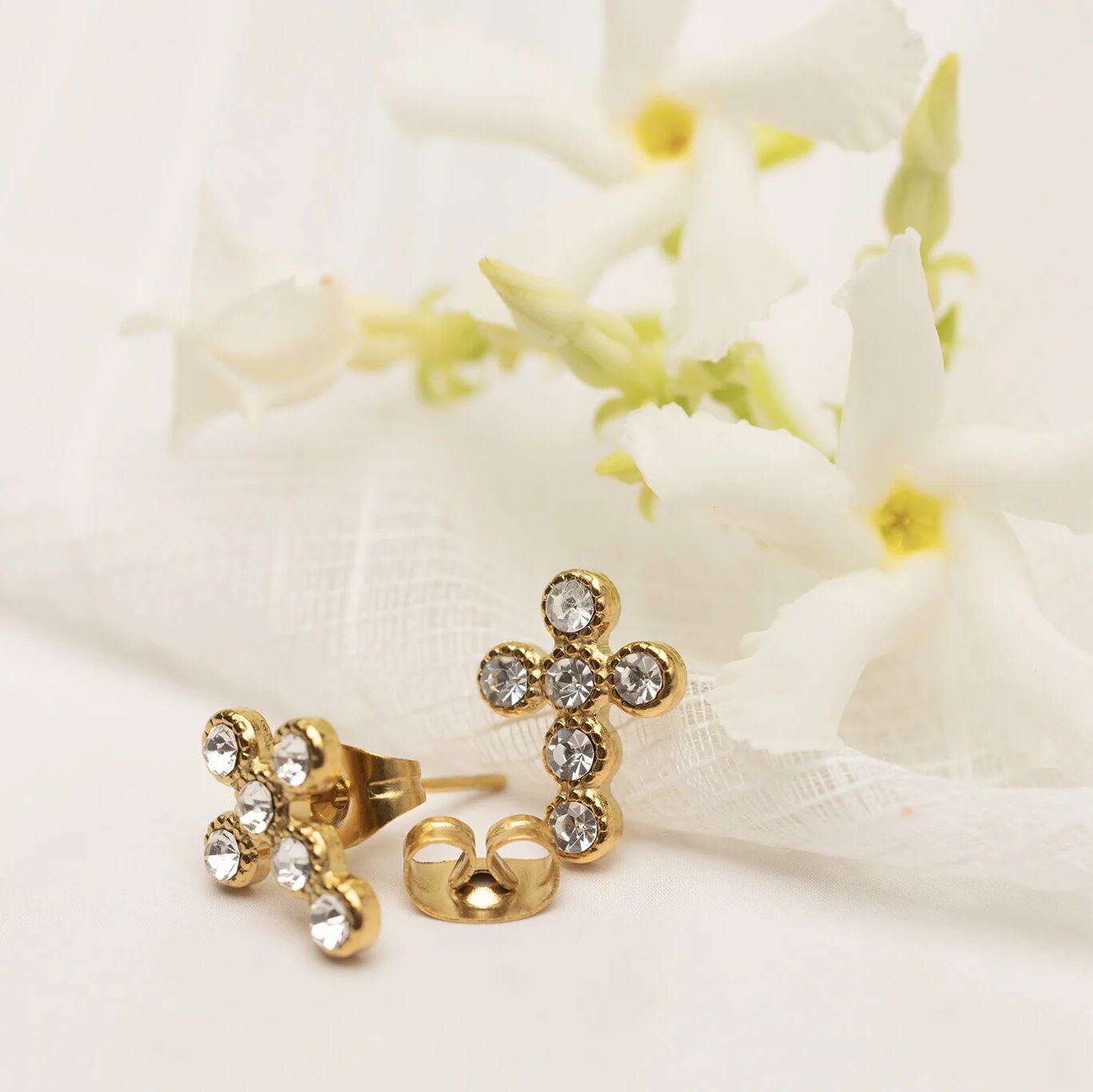 18K Gold PVD Stainless Steel Round Stone Cross Earrings