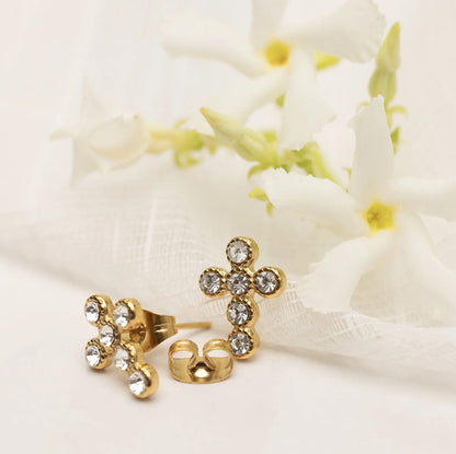 18K Gold PVD Stainless Steel Round Stone Cross Earrings
