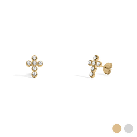 18K Gold PVD Stainless Steel Round Stone Cross Earrings