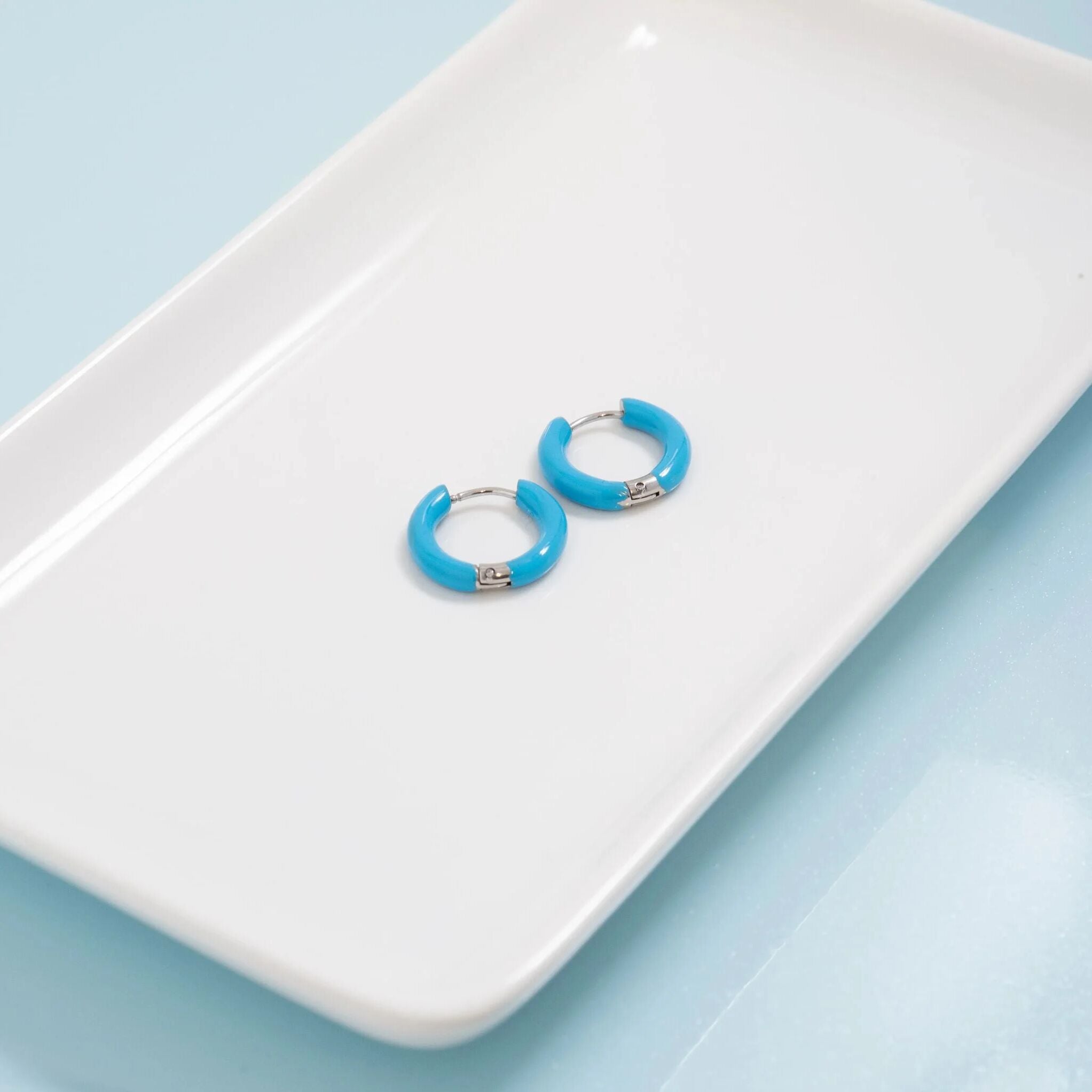 18K Gold PVD Stainless Steel Blue Epoxy Huggie Hoop Earrings