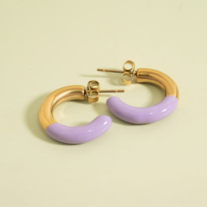 18K Gold PVD Stainless Steel Purple Epoxy Huggie hoop Earrings