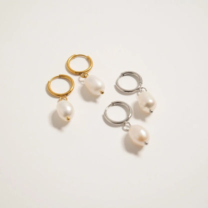 18K Gold PVD Stainless Steel Huggie Hoop with Freshwater Pearl Earring