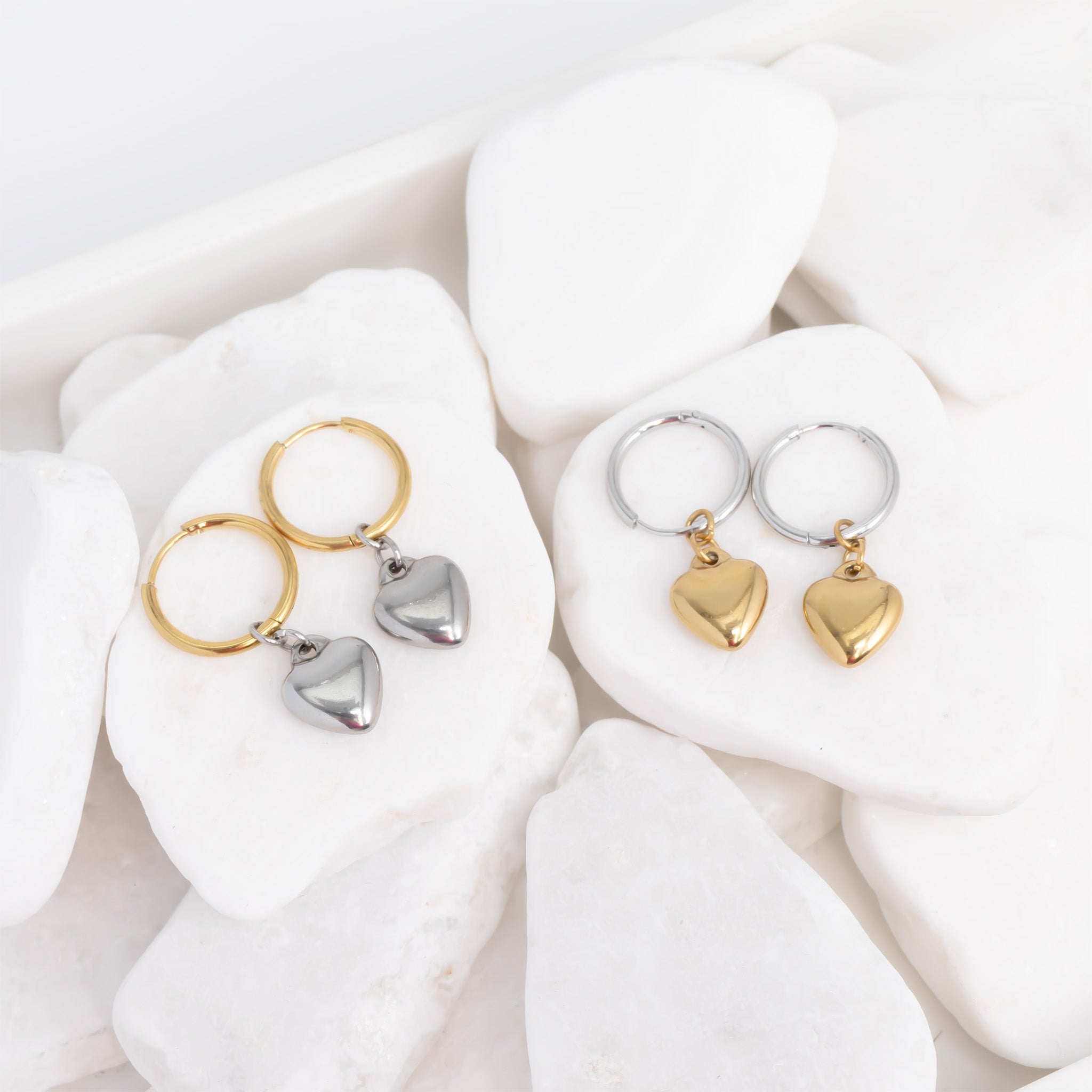 18K Gold PVD Stainless Steel Mixed Metal Huggie Heart Charm Earrings
