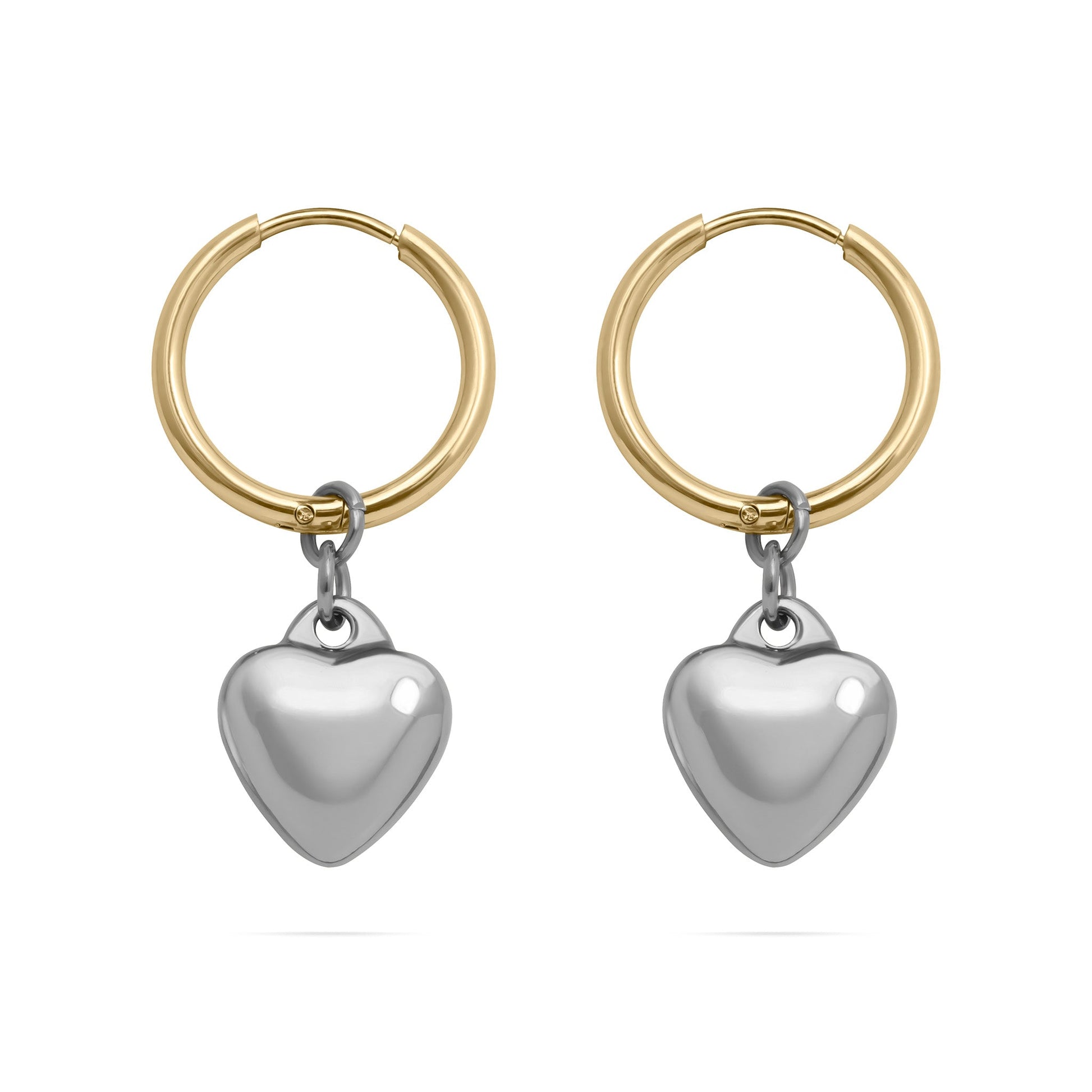 Mixed Metal Huggie with Hanging Heart Earring