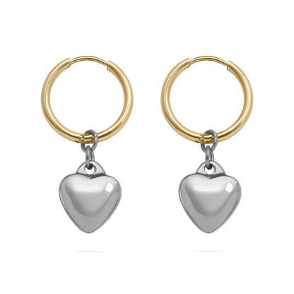 Mixed Metal Huggie with Hanging Heart Earring