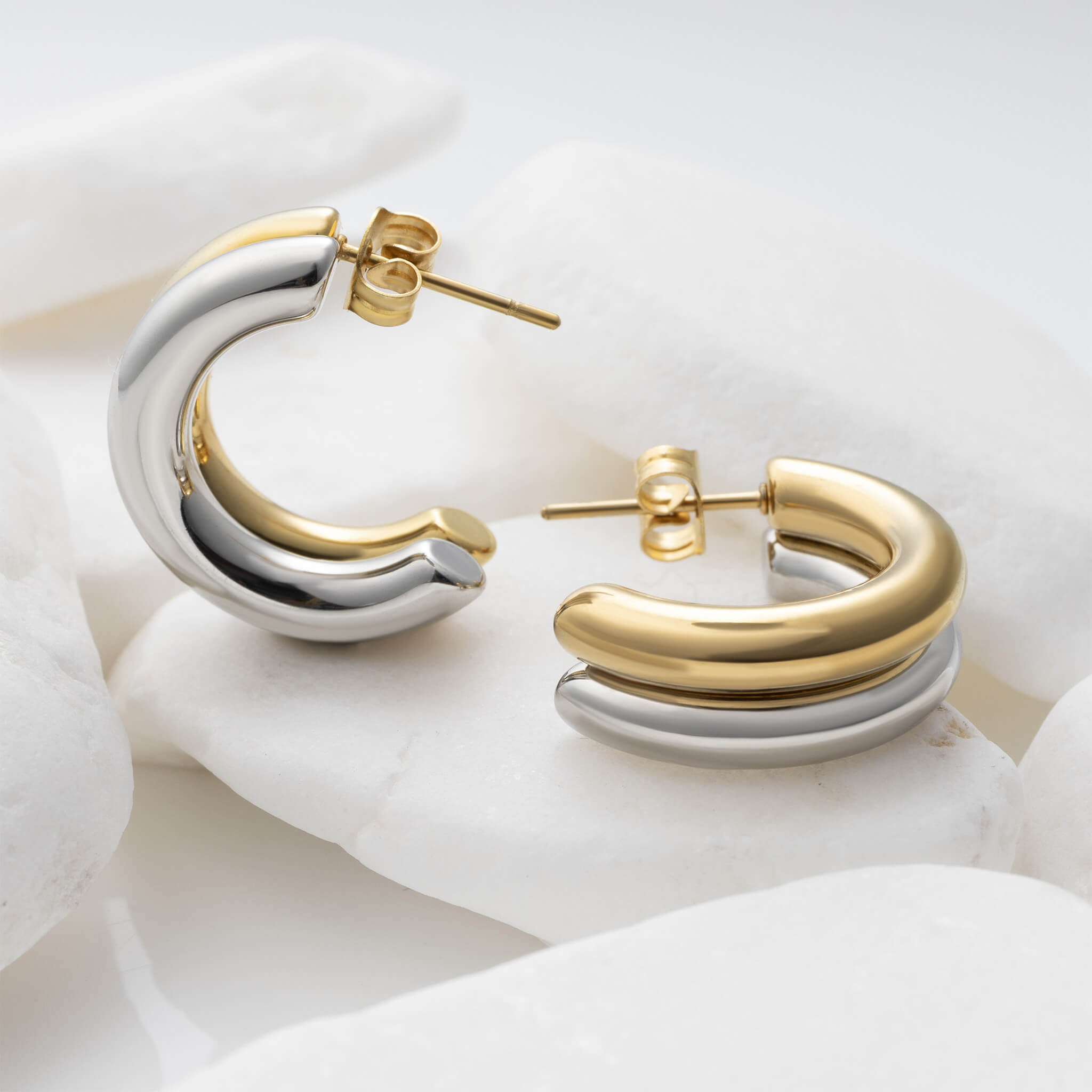18K Gold PVD Stainless Steel Mixed Metal Side By Side Huggie Earrings