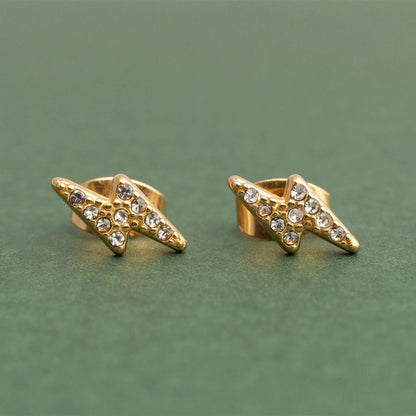 18K Gold PVD Stainless Steel Stone Lightning Bolt Stud Earrings