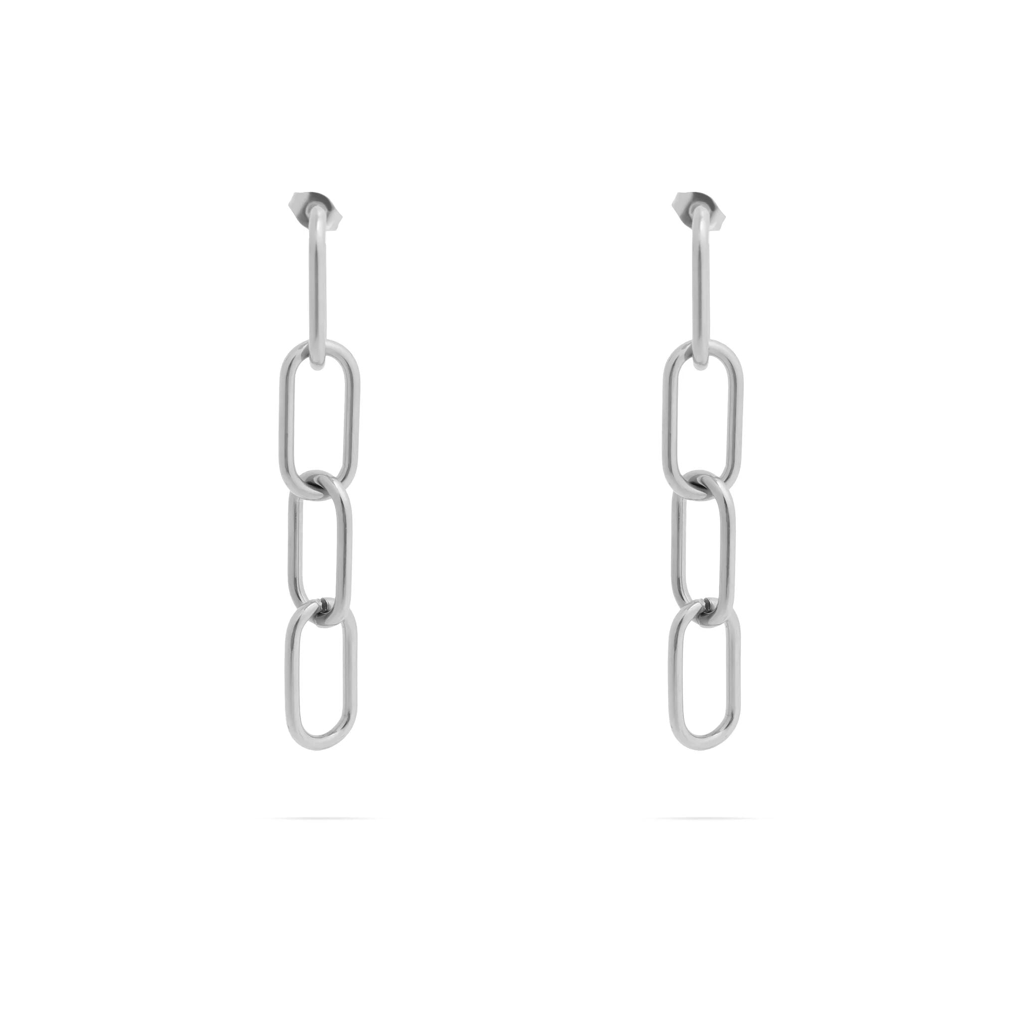 Pair of silver chain link earrings on a white background
