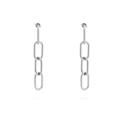 Pair of silver chain link earrings on a white background