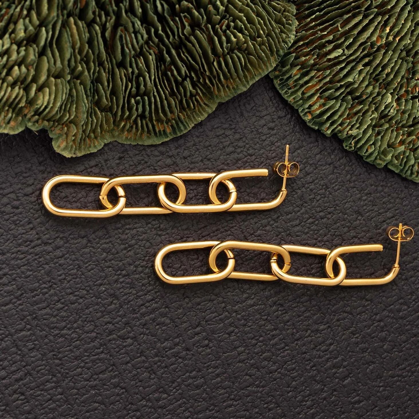 18K Gold PVD Stainless Steel Dangle Paperclip Stud Earrings