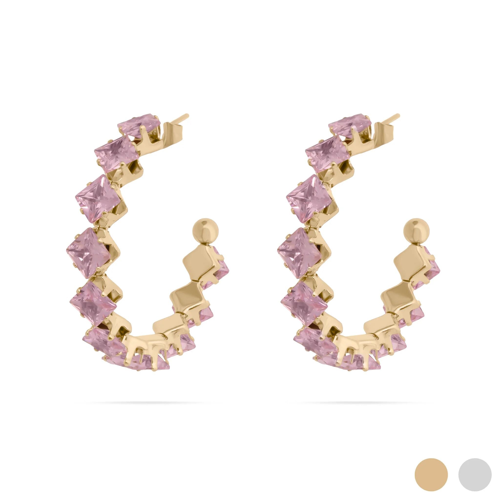 18K Gold PVD Stainless Steel Pink Stone Hoop Earrings