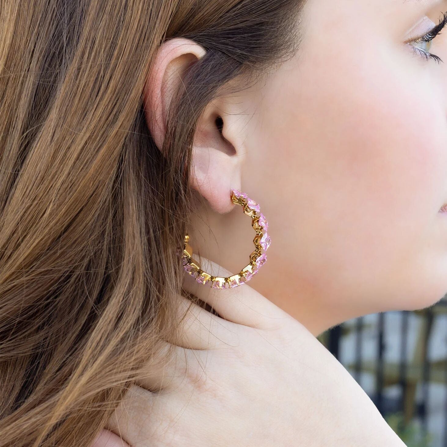 18K Gold PVD Stainless Steel Pink Stone Hoop Earrings